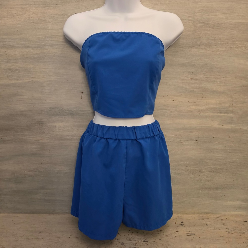 Shein Royal Blue Strapless Cropped Tube Top & High Waist Short Set Size XL GC